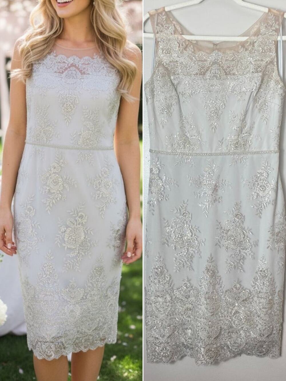 NWT Marchesa Notte Dress 8 Silver Lace Floral Embroidered Sequin Bridal Shower